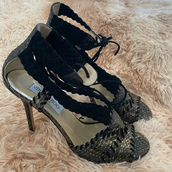 JIMMY CHOOBlack & Gold Snake Skin Print Suede Peep Toe Lace Up Heels39.5 9